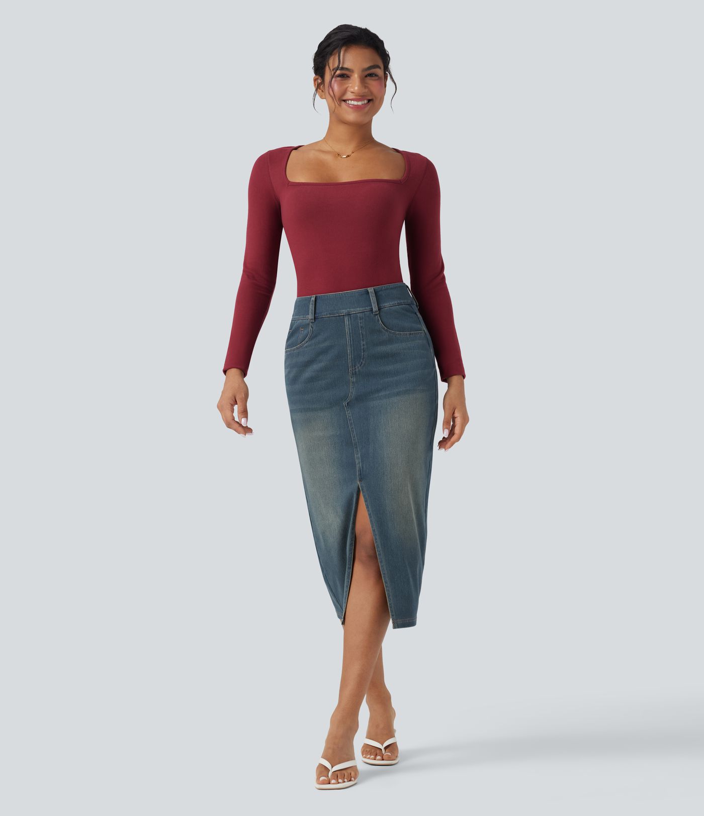 Halara Flex™ High Waisted Pockets Bodycon Washed Denim Casual Midi Skirt