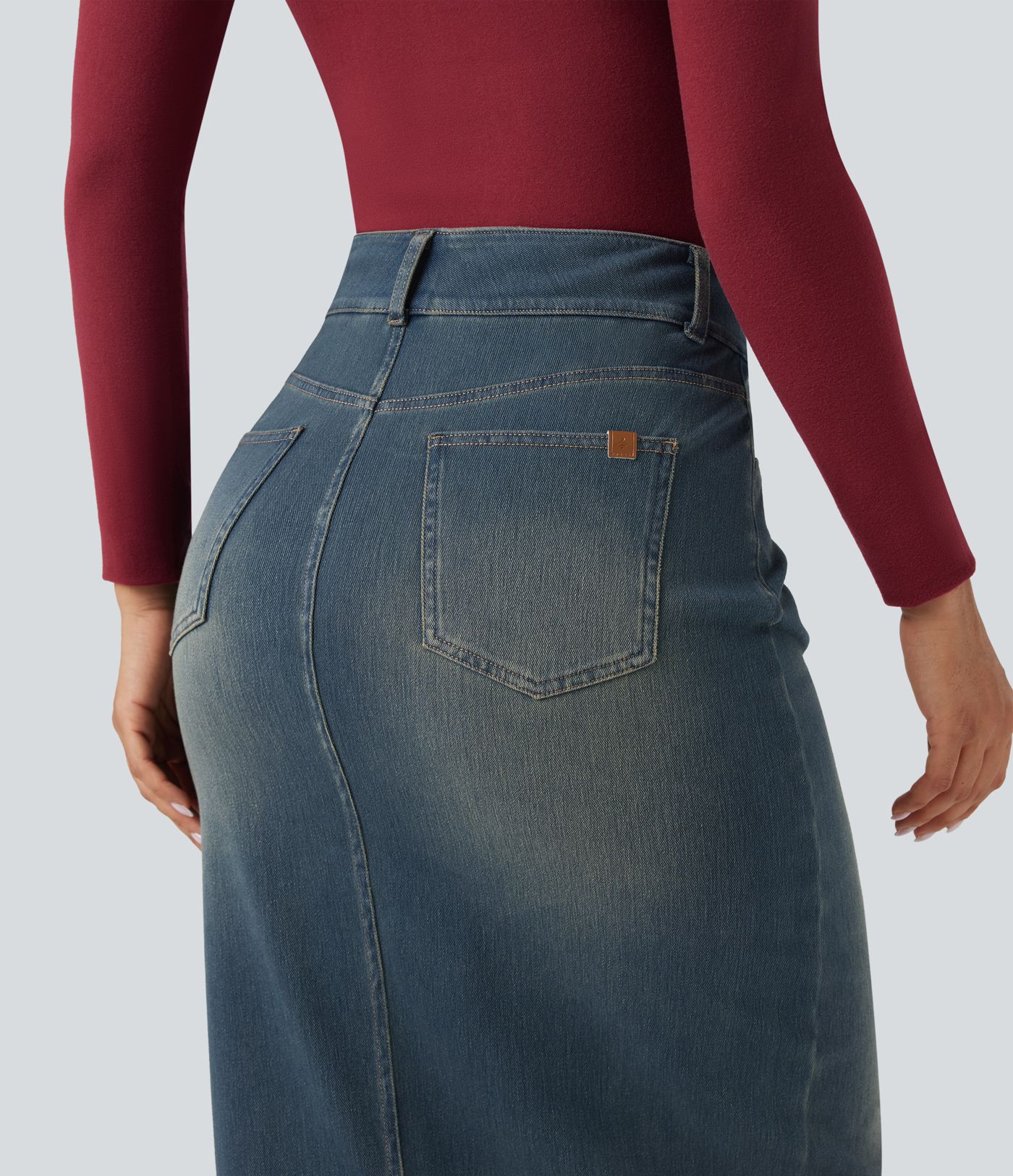 Halara Flex™ High Waisted Pockets Bodycon Washed Denim Casual Midi Skirt