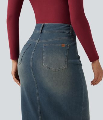 Halara Flex™ High Waisted Pockets Bodycon Washed Denim Casual Midi Skirt