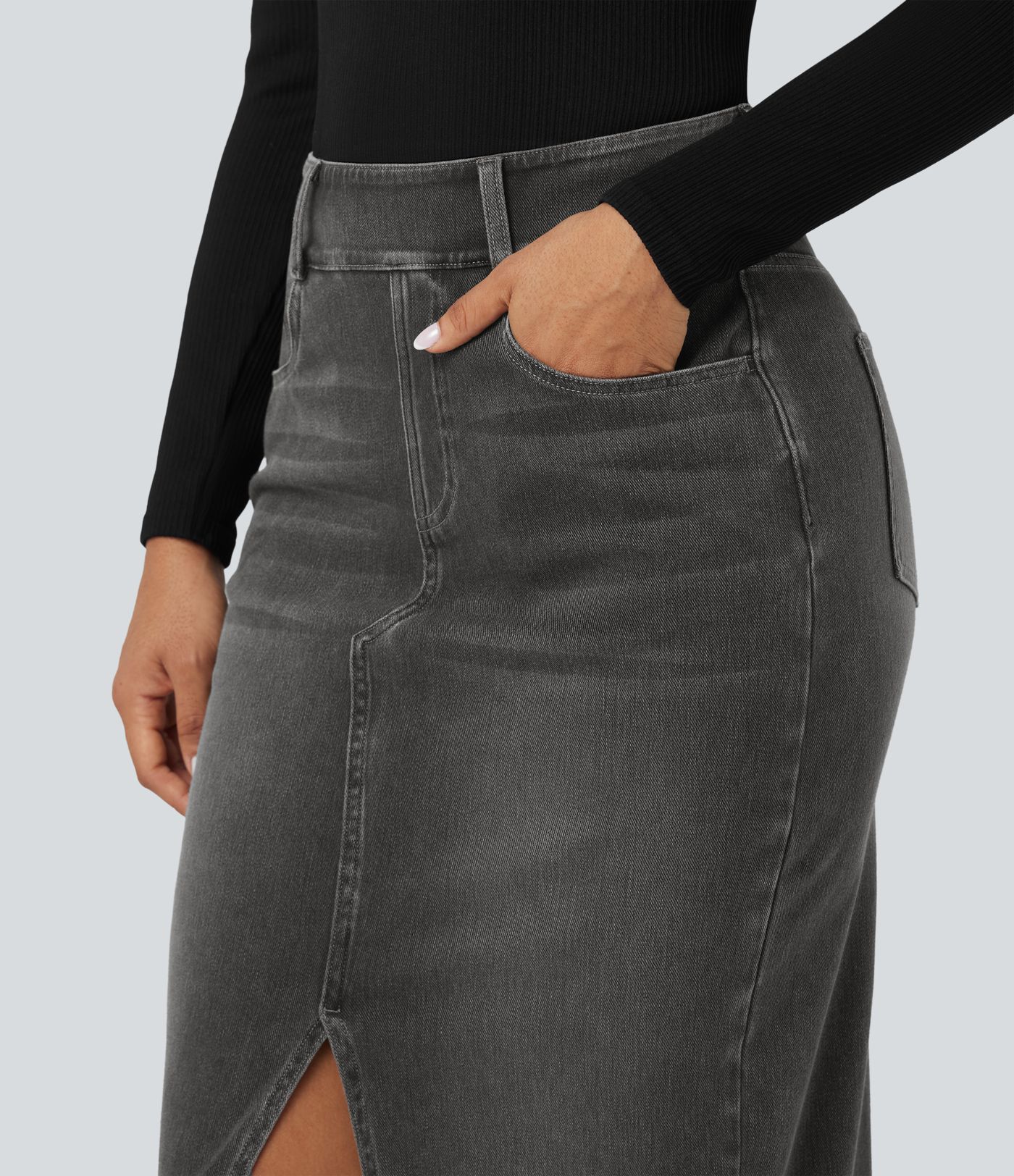 Halara Flex™ High Waisted Pockets Bodycon Washed Denim Casual Midi Skirt