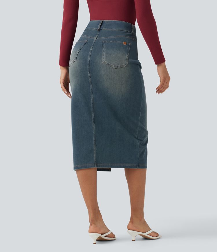 Halara Flex™ High Waisted Pockets Bodycon Washed Denim Casual Midi Skirt
