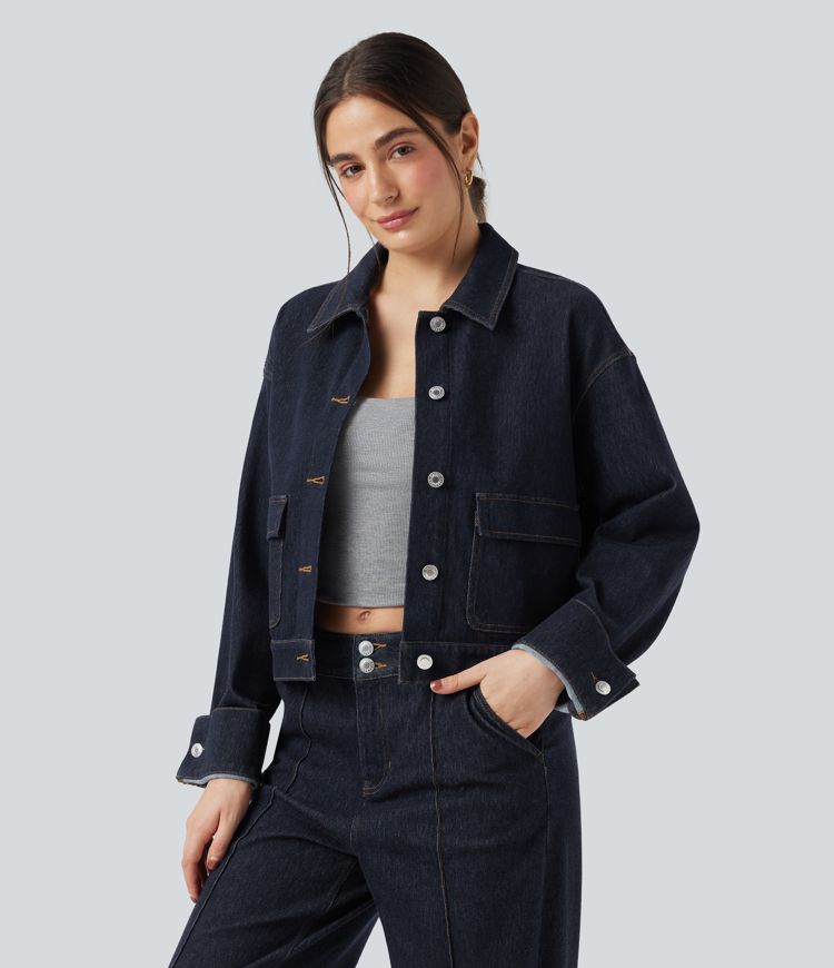 Veste denim Halara Flex™ col chemise manches longues