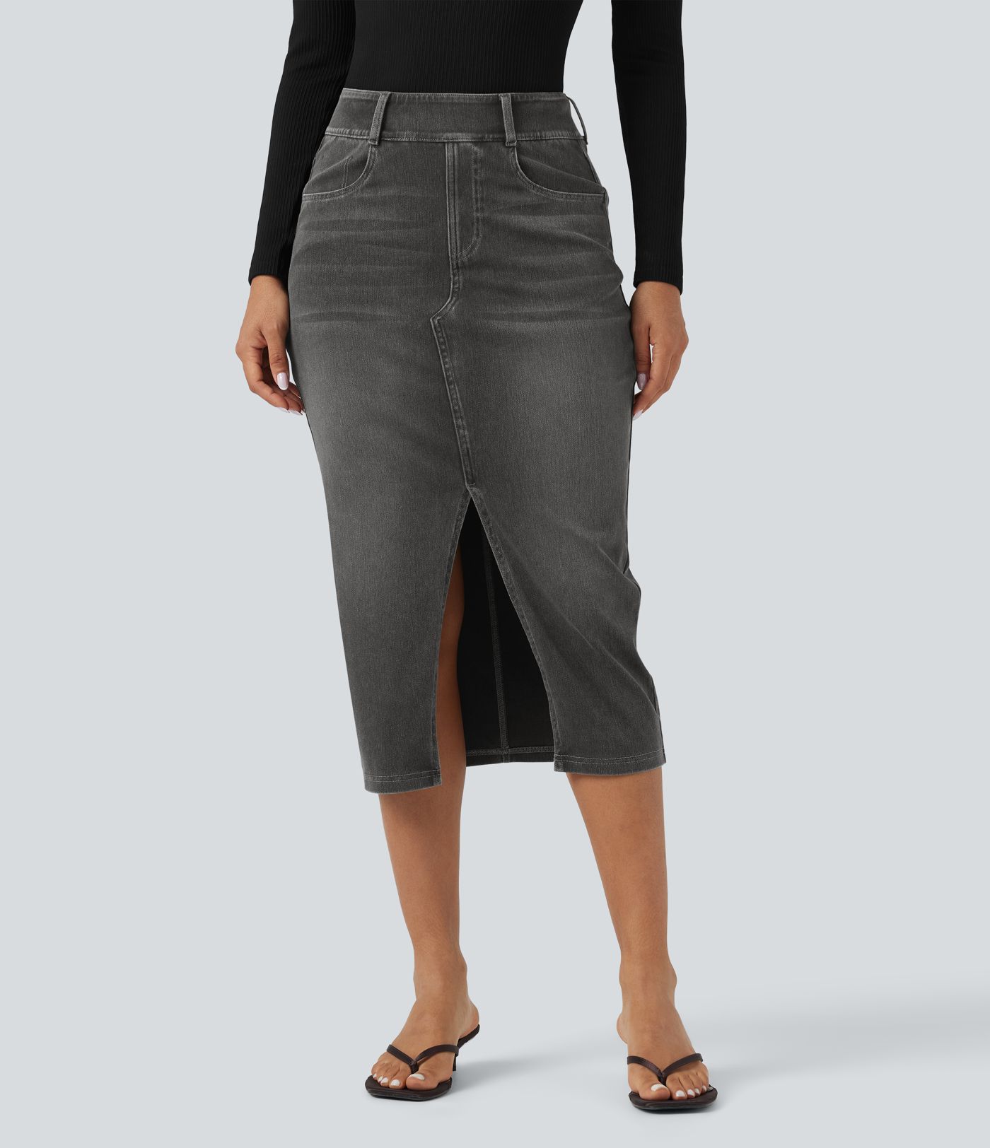 Halara Flex™ High Waisted Pockets Bodycon Washed Denim Casual Midi Skirt