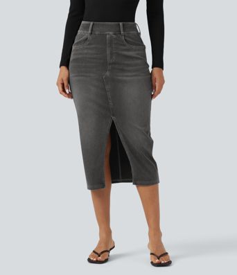 Halara Flex™ High Waisted Pockets Bodycon Washed Denim Casual Midi Skirt