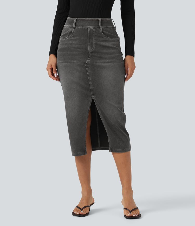 Halara Flex™ High Waisted Pockets Bodycon Washed Denim Casual Midi Skirt