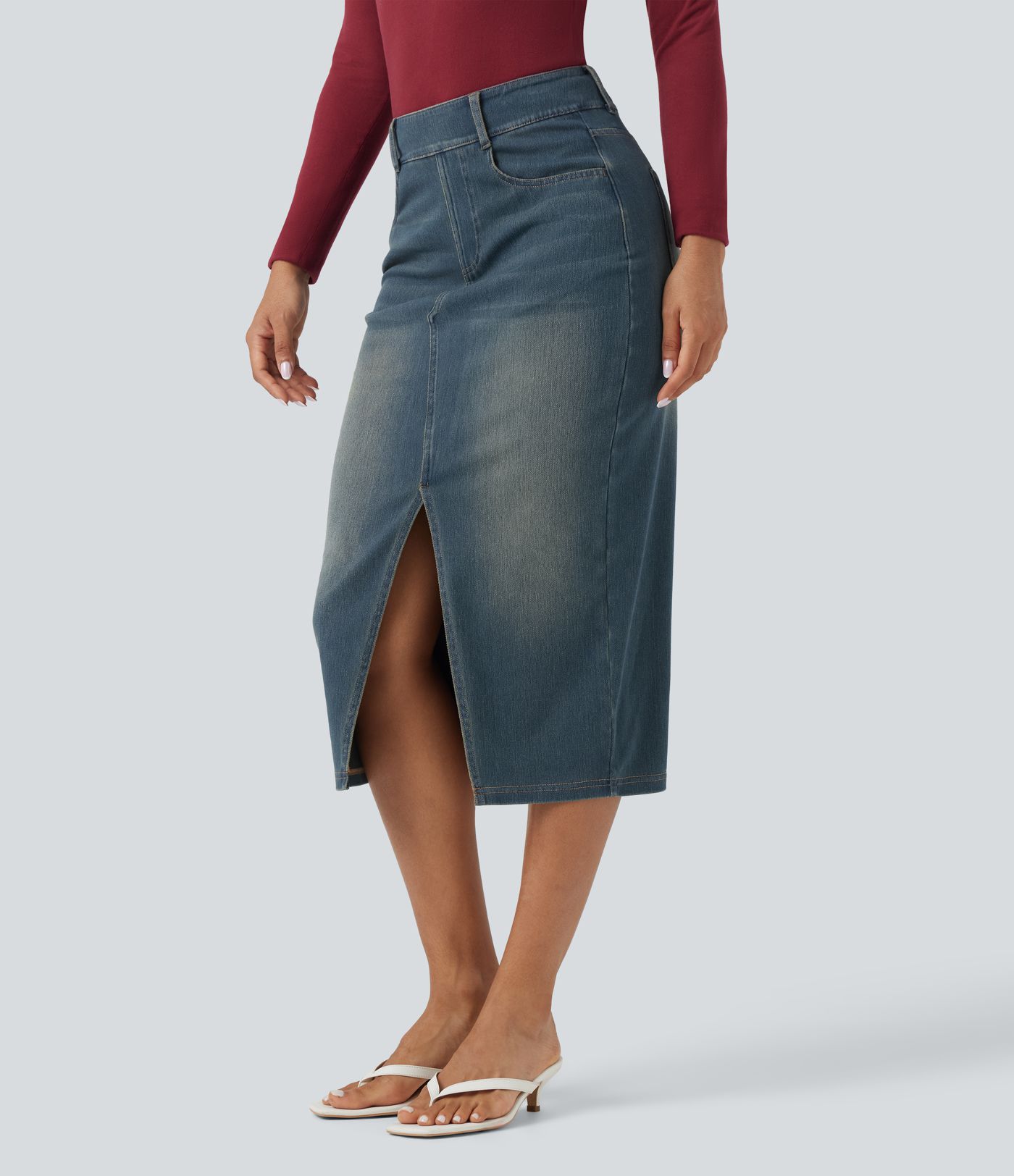 Halara Flex™ High Waisted Pockets Bodycon Washed Denim Casual Midi Skirt