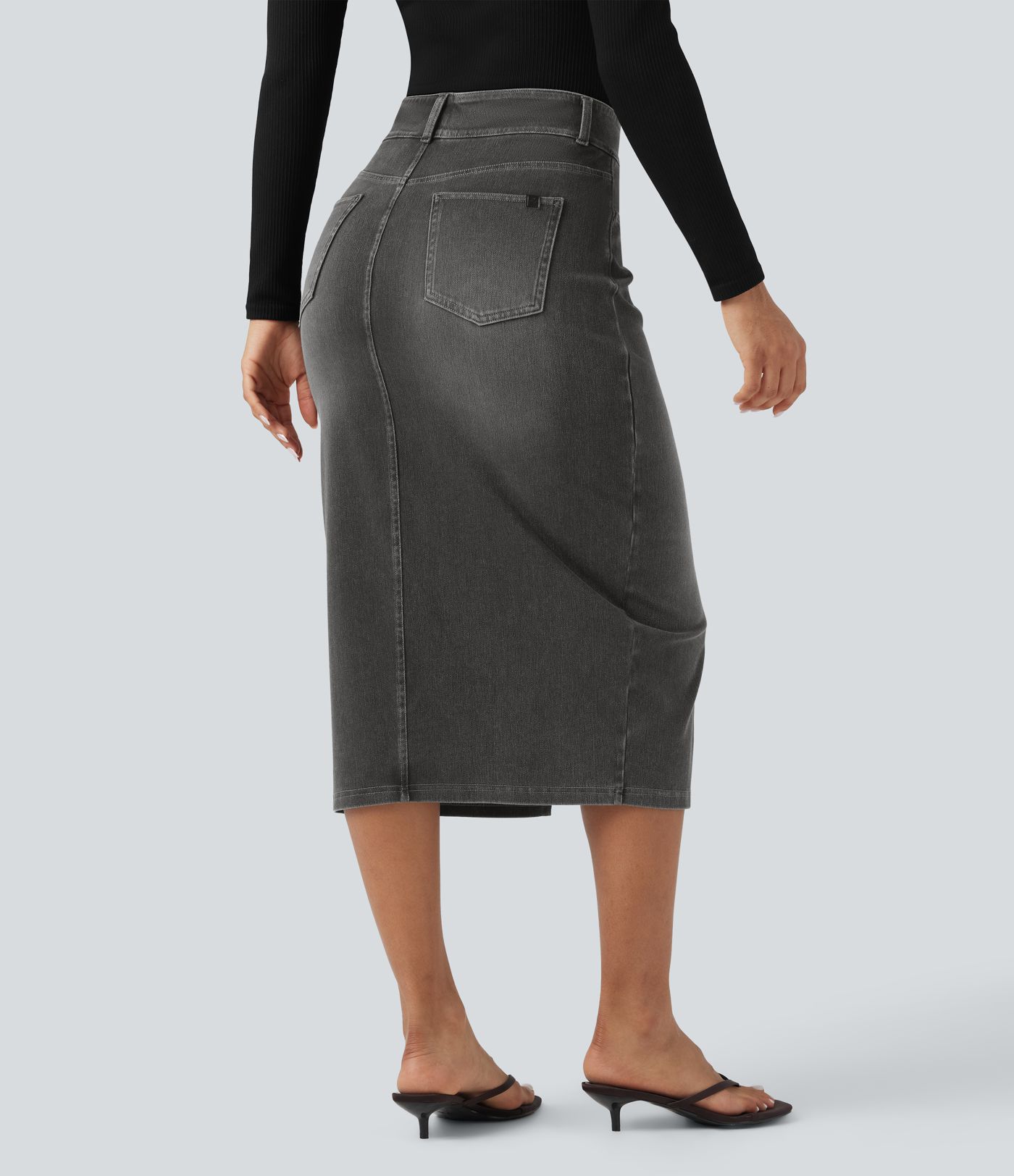 Halara Flex™ High Waisted Pockets Bodycon Washed Denim Casual Midi Skirt