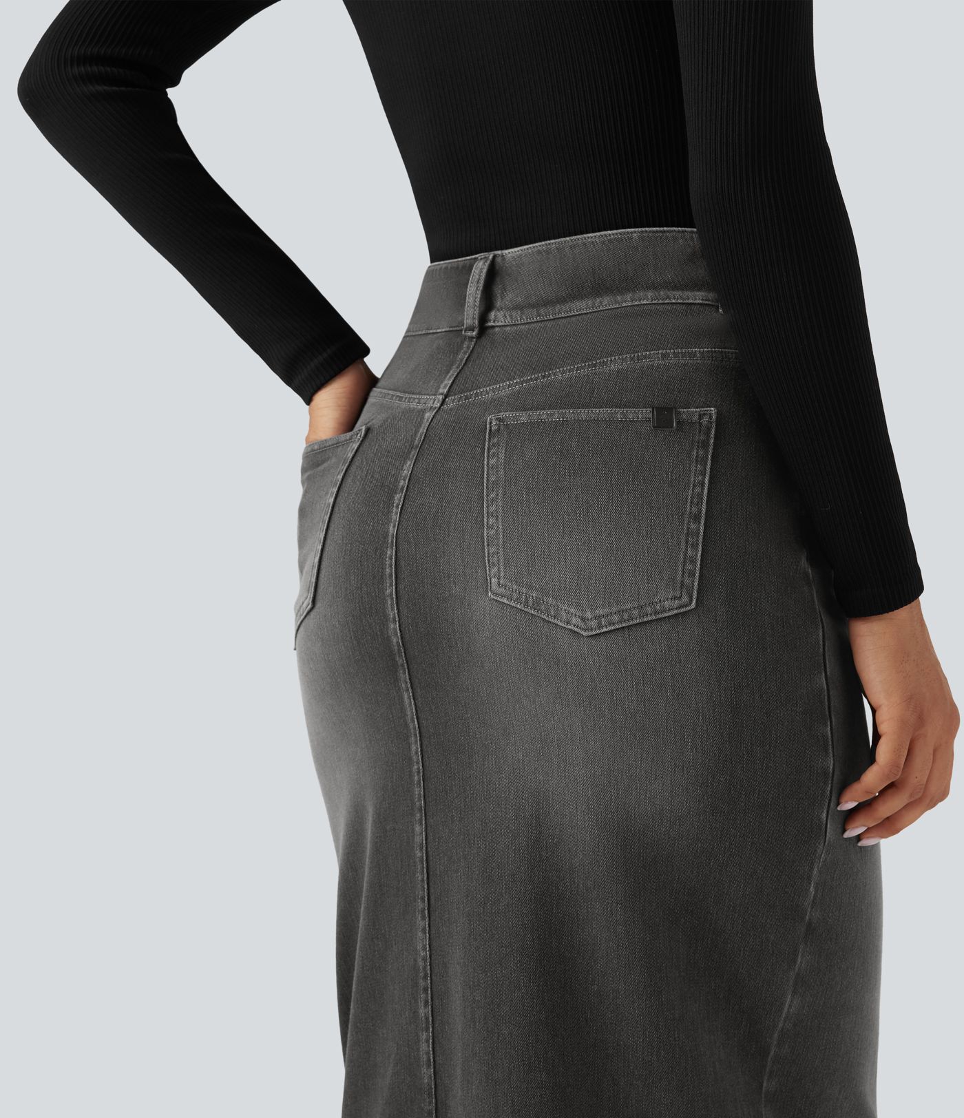 Halara Flex™ High Waisted Pockets Bodycon Washed Denim Casual Midi Skirt