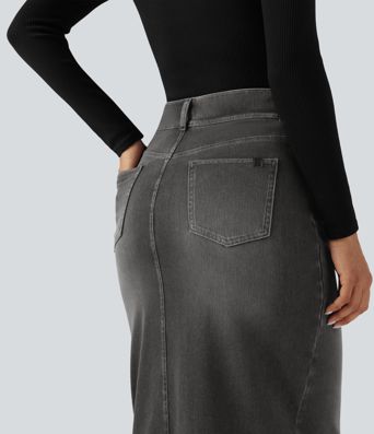 Halara Flex™ High Waisted Pockets Bodycon Washed Denim Casual Midi Skirt