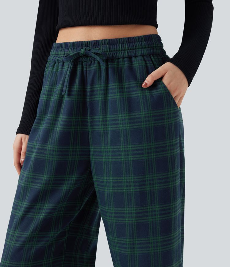 Lässige Baggy-Hose mit hohem Bund, Seitentaschen und Karomuster