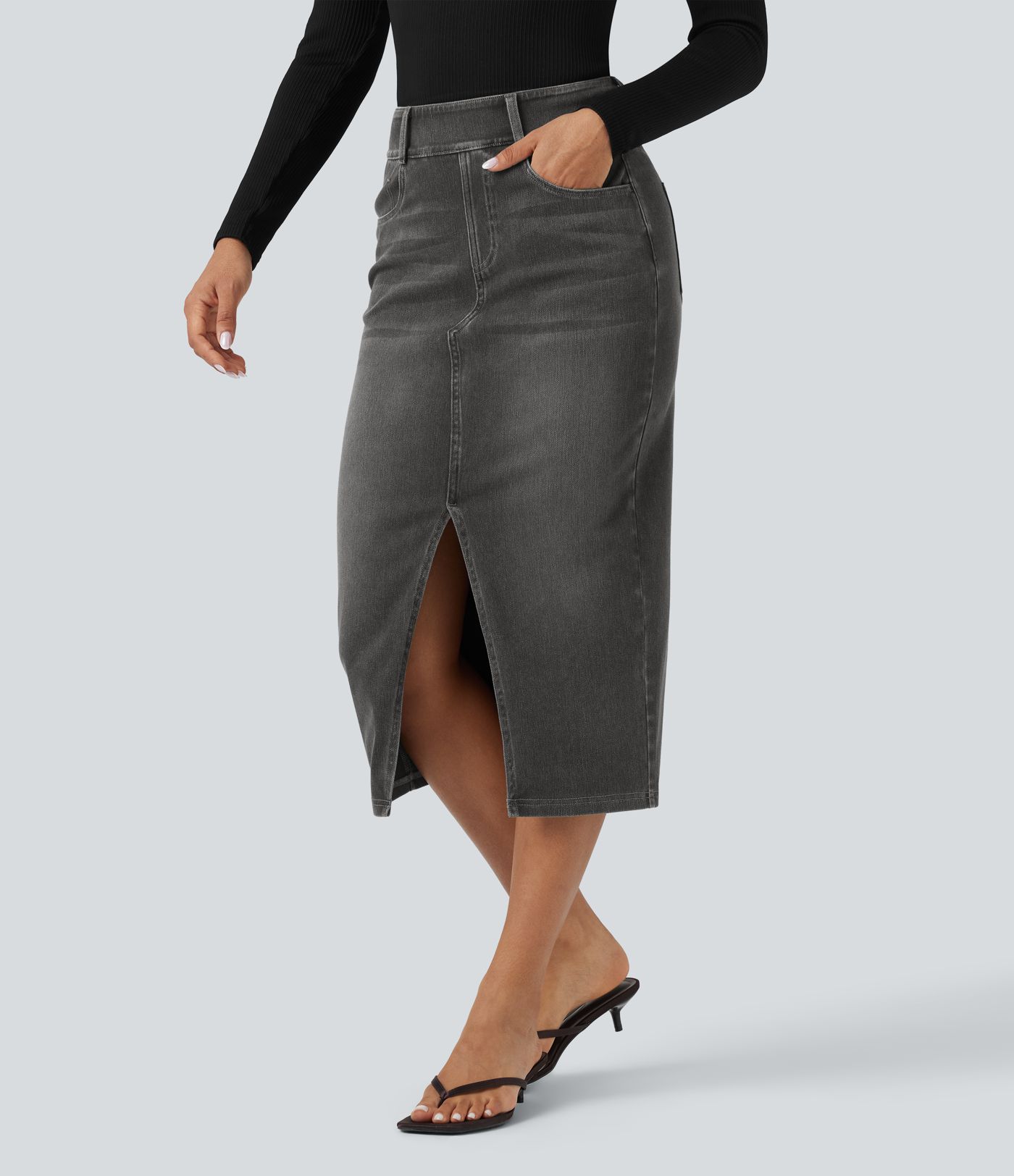 Halara Flex™ High Waisted Pockets Bodycon Washed Denim Casual Midi Skirt