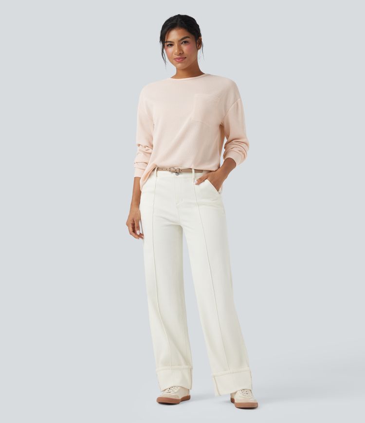 Waffle Round Neck Long Sleeve Casual T-Shirt with Pocket