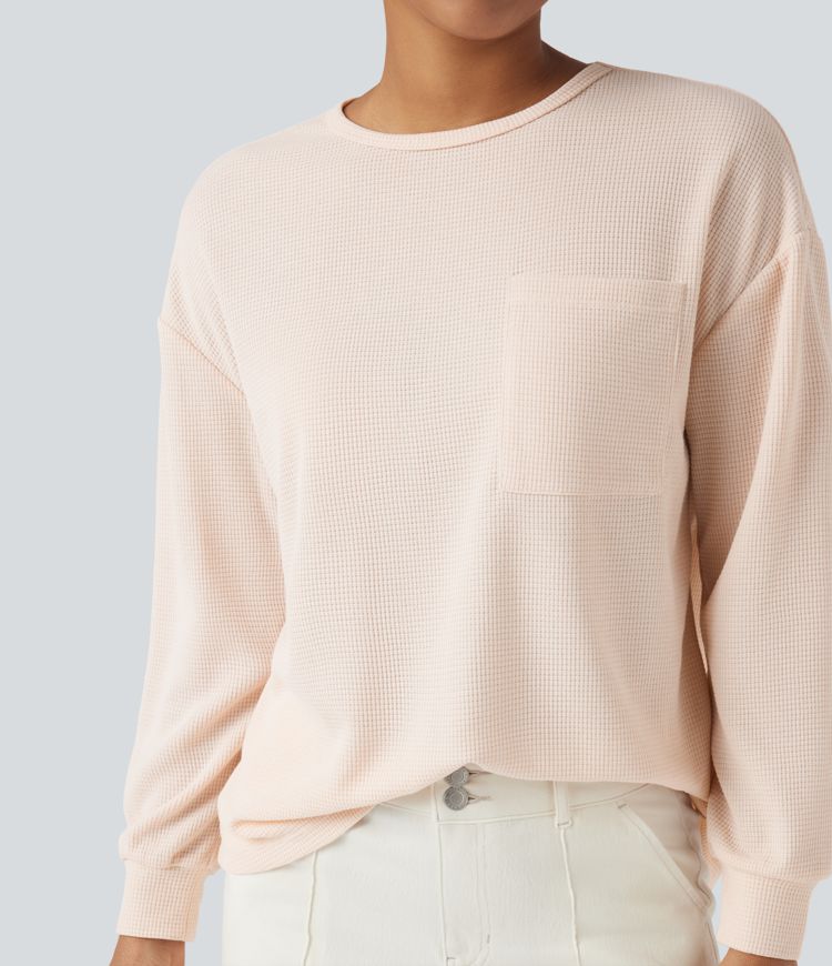 Waffle Round Neck Long Sleeve Casual T-Shirt with Pocket