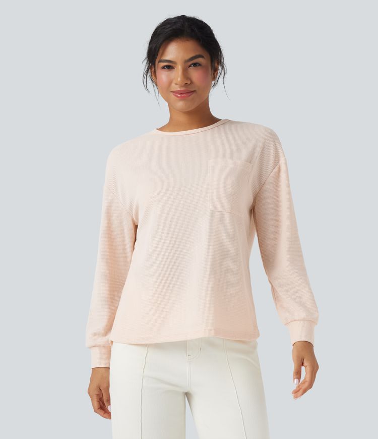 Waffle Round Neck Long Sleeve Casual T-Shirt with Pocket