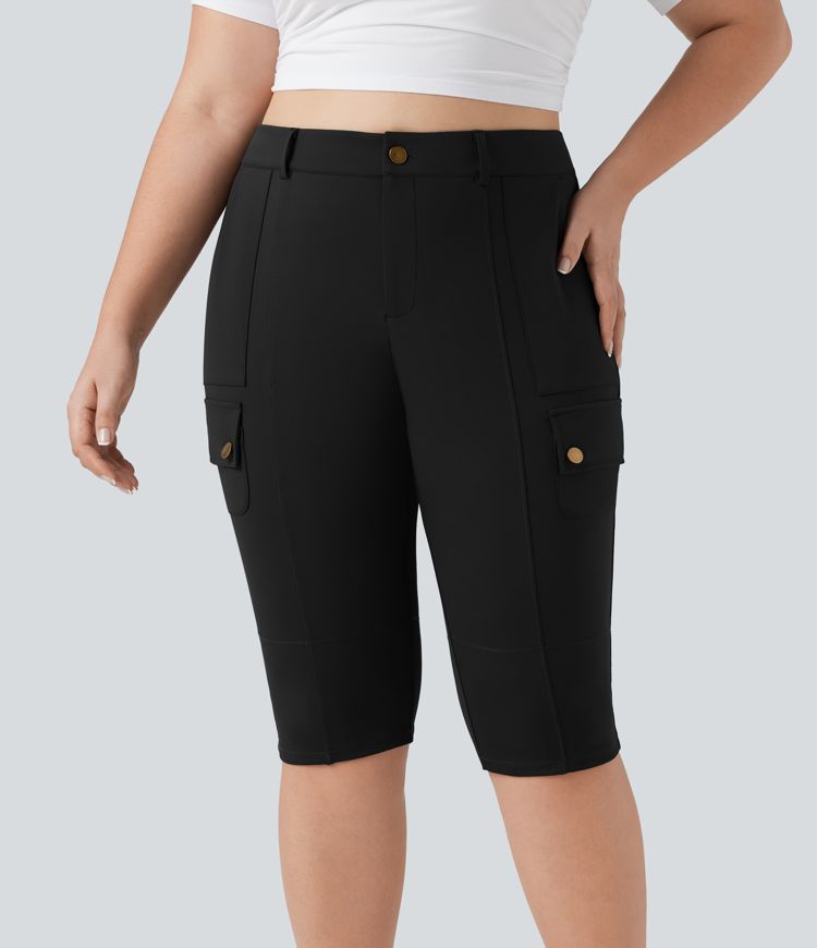 High Waisted Skinny Pedal Pusher Casual Plus Size Cargo Pants with Pockets