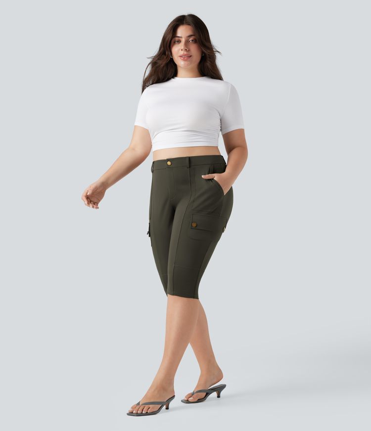 DayStretch High Waisted Skinny Pedal Pusher Casual Plus Size Cargo Pants with Pockets