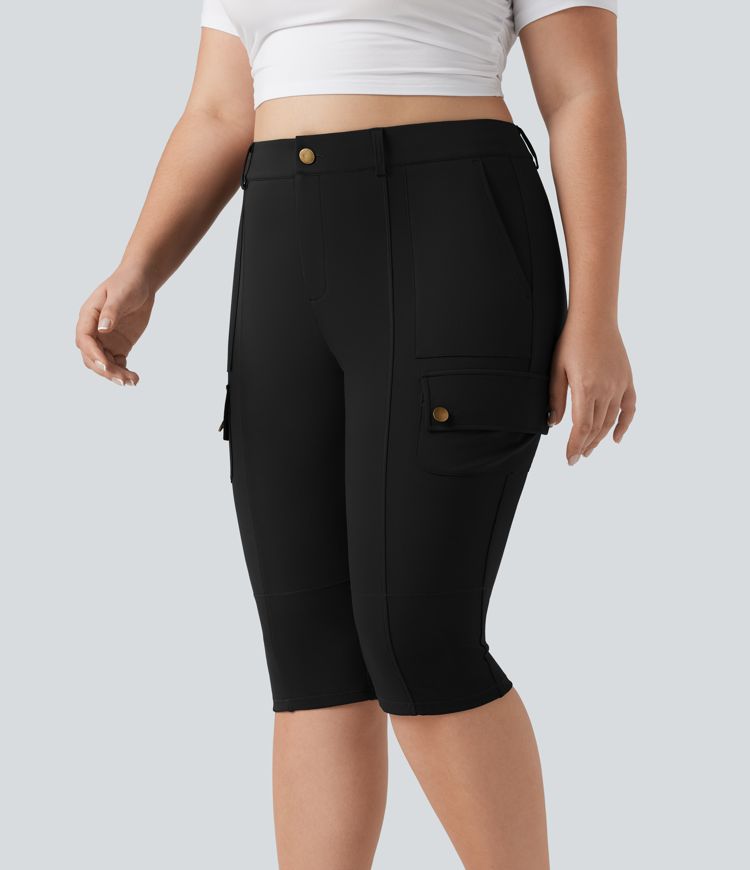 High Waisted Skinny Pedal Pusher Casual Plus Size Cargo Pants with Pockets