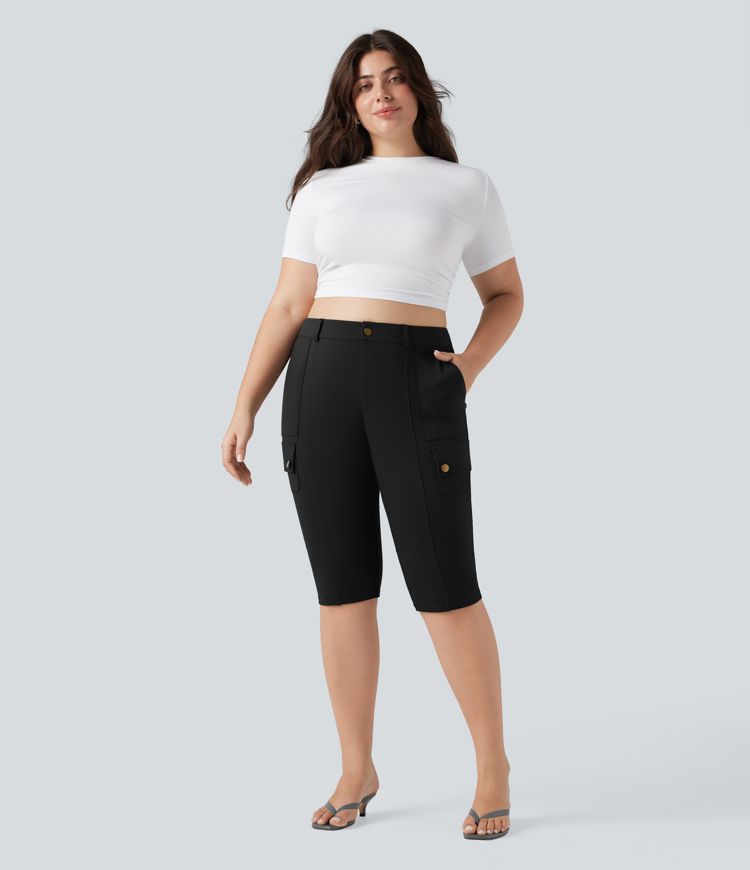High Waisted Skinny Pedal Pusher Casual Plus Size Cargo Pants with Pockets