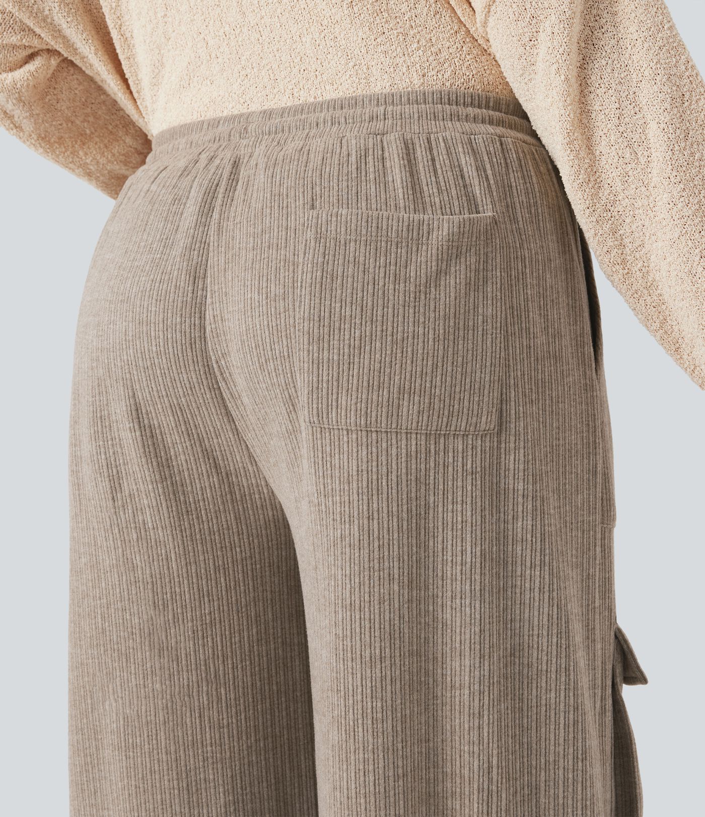 Pantalon cargo décontracté grande taille, ample, côtelé, taille mi-haute, à cordon, avec poches