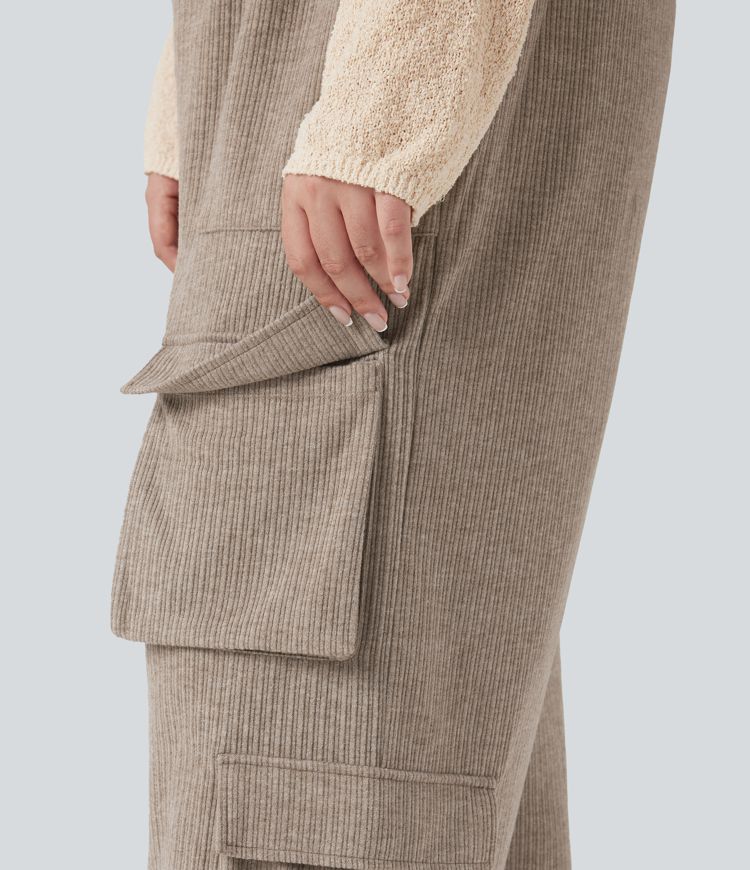 Pantalon cargo large décontracté grande taille maille côtelée taille mi-haute avec cordon et poches