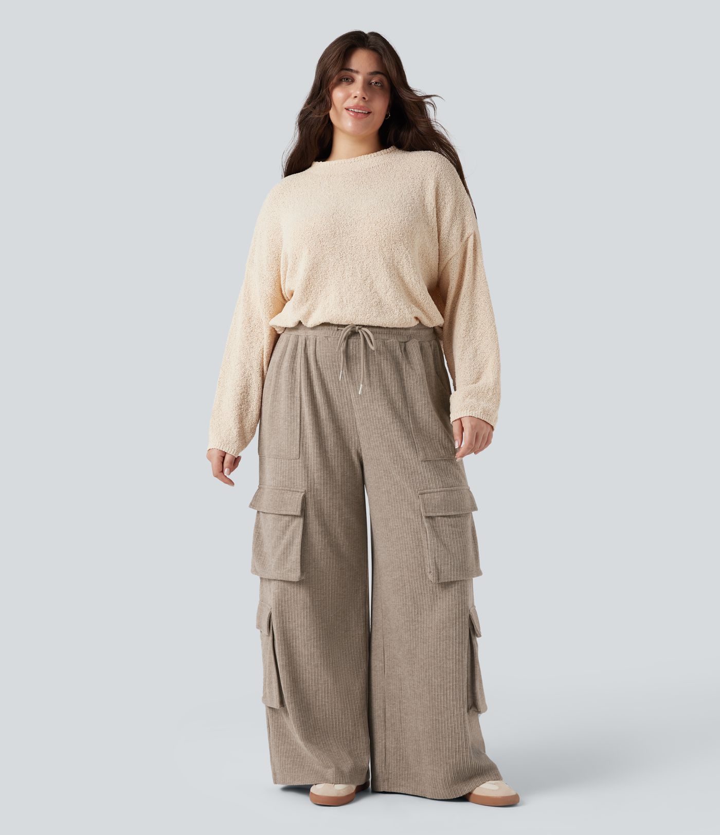 Pantalon cargo décontracté grande taille, ample, côtelé, taille mi-haute, à cordon, avec poches