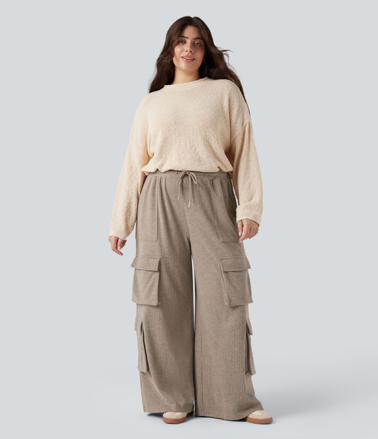 Pantalon cargo large décontracté grande taille maille côtelée taille mi-haute avec cordon et poches