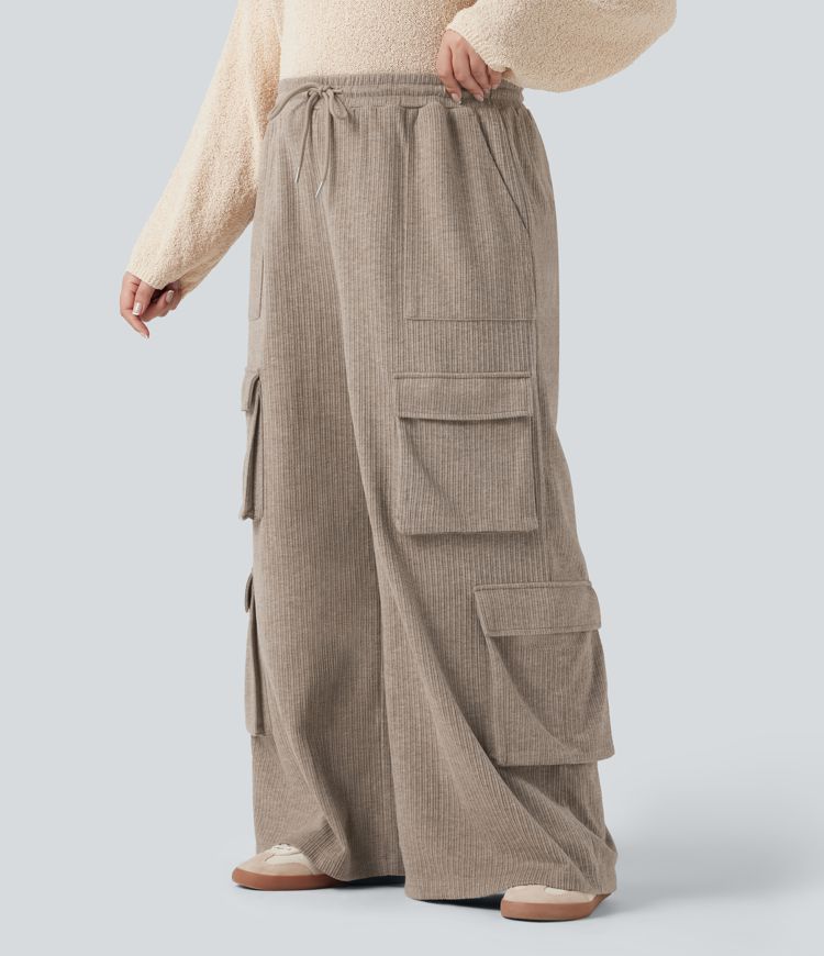 Plus Size Ribbed Mid Rise Drawstring Wide Leg Casual Cargo Pants with Pockets