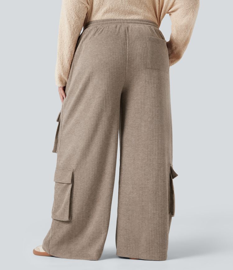 Pantalon cargo large décontracté grande taille maille côtelée taille mi-haute avec cordon et poches
