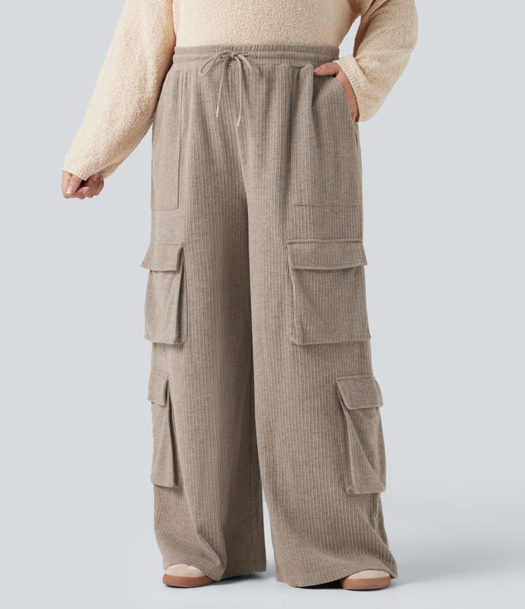 Plus Size Ribbed Mid Rise Drawstring Wide Leg Casual Cargo Pants with Pockets