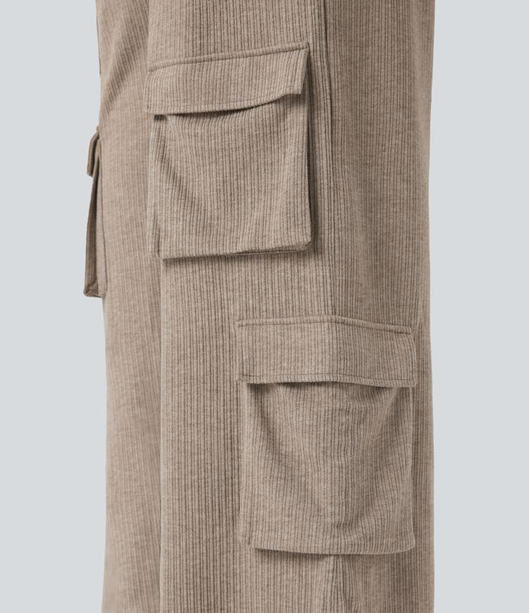 Pantalon cargo large décontracté grande taille maille côtelée taille mi-haute avec cordon et poches