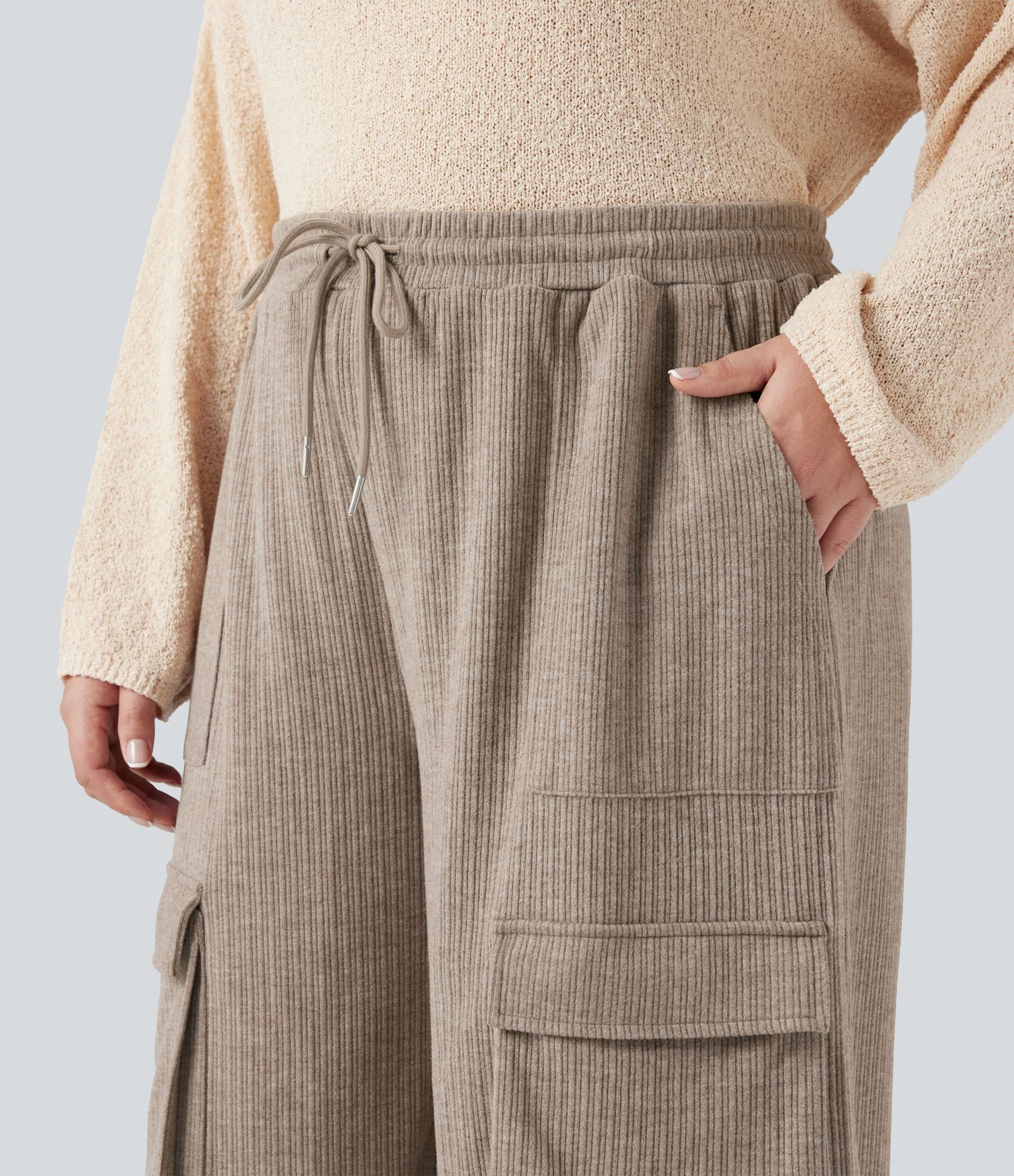 Pantalon cargo décontracté grande taille, ample, côtelé, taille mi-haute, à cordon, avec poches