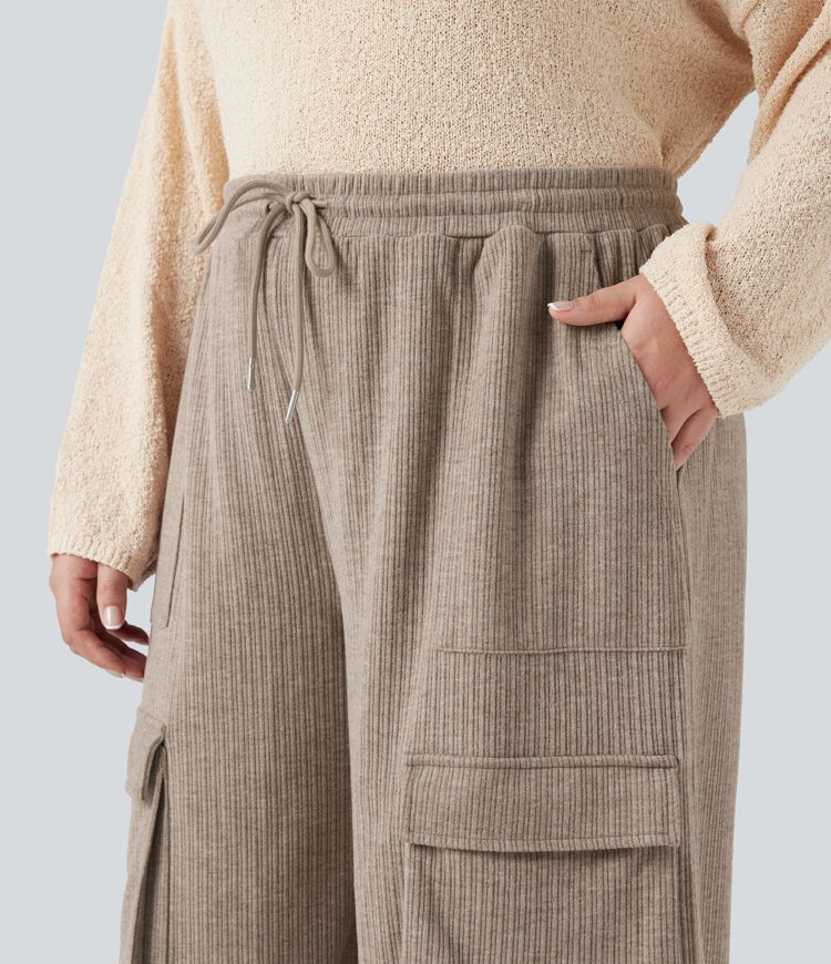 Pantalon cargo large décontracté grande taille maille côtelée taille mi-haute avec cordon et poches