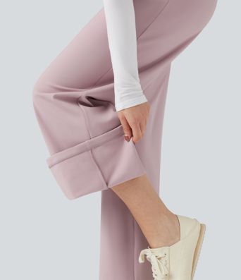 High Waisted Straight Leg Fleece Casual Trousers with Pockets