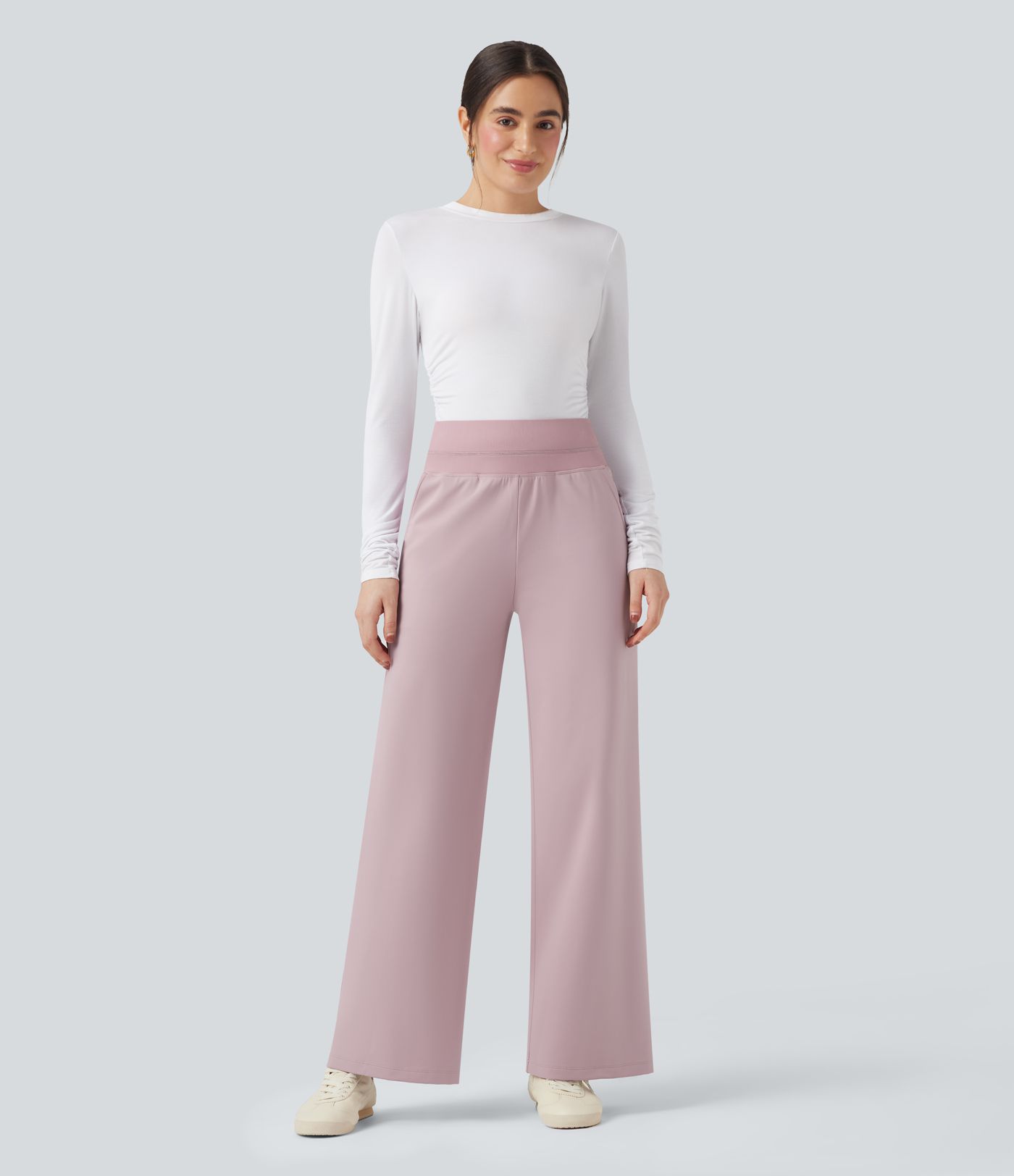 High Waisted Straight Leg Fleece Casual Trousers with Pockets