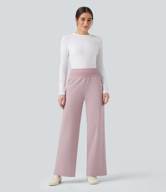 High Waisted Straight Leg Fleece Casual Trousers with Pockets