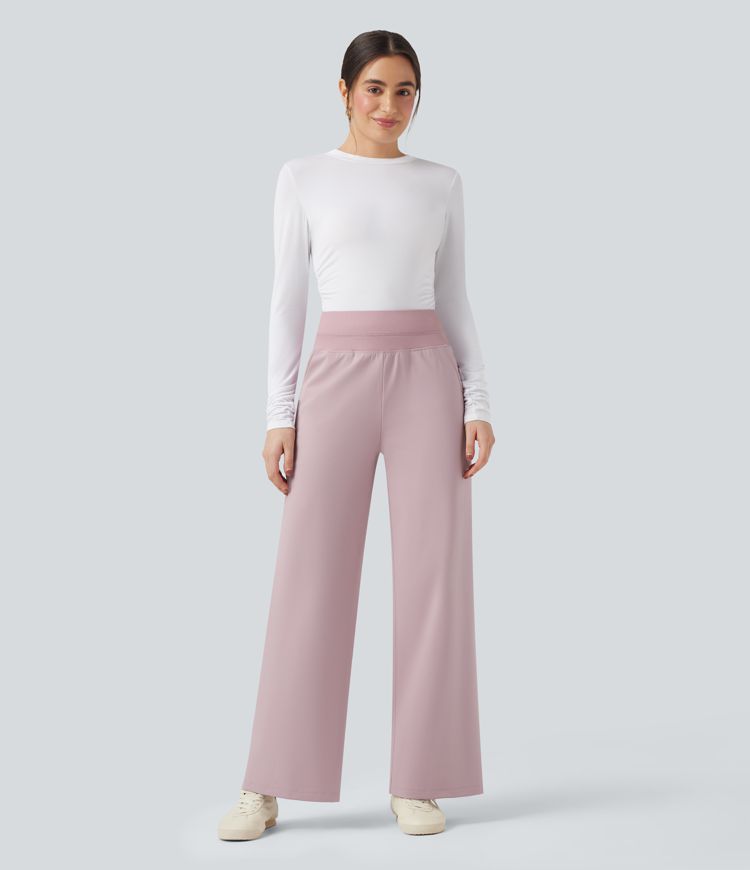 High Waisted Straight Leg Fleece Casual Trousers with Pockets