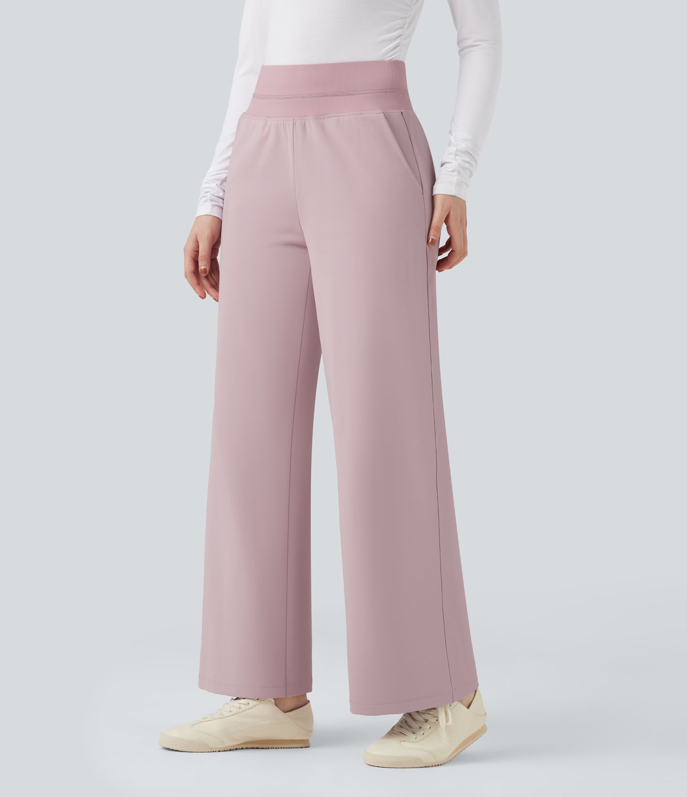 High Waisted Straight Leg Fleece Casual Trousers with Pockets