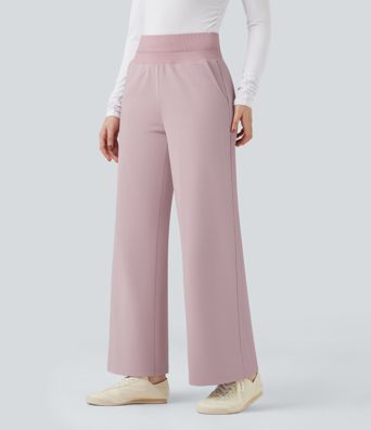 High Waisted Straight Leg Fleece Casual Trousers with Pockets