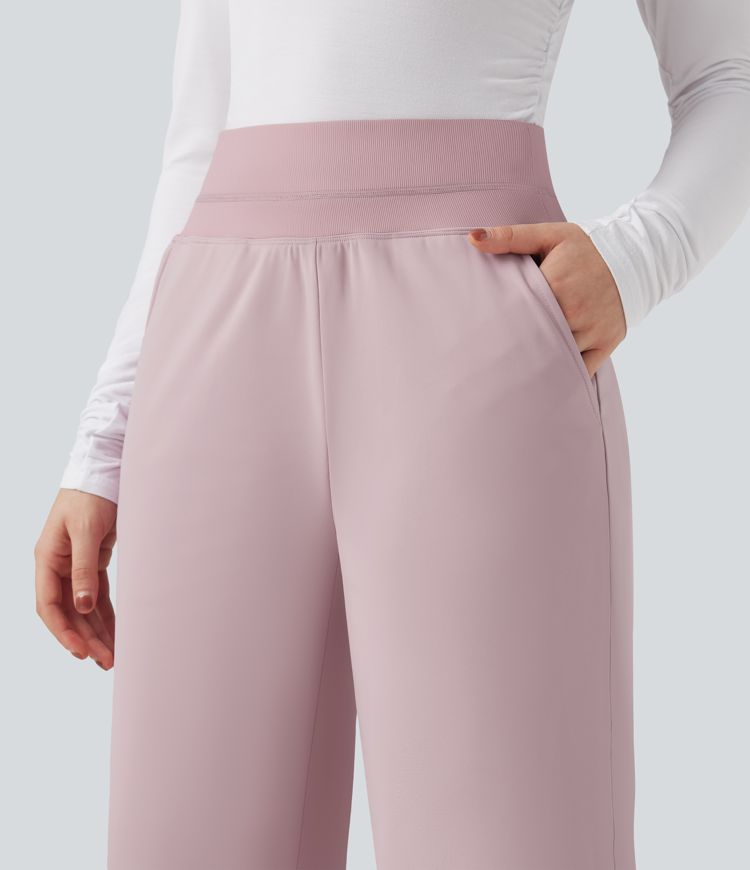 High Waisted Straight Leg Fleece Casual Trousers with Pockets