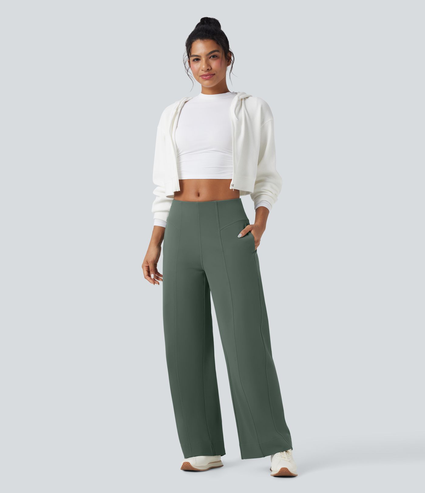 Pantalones anchos casuales de tiro medio con bolsillos