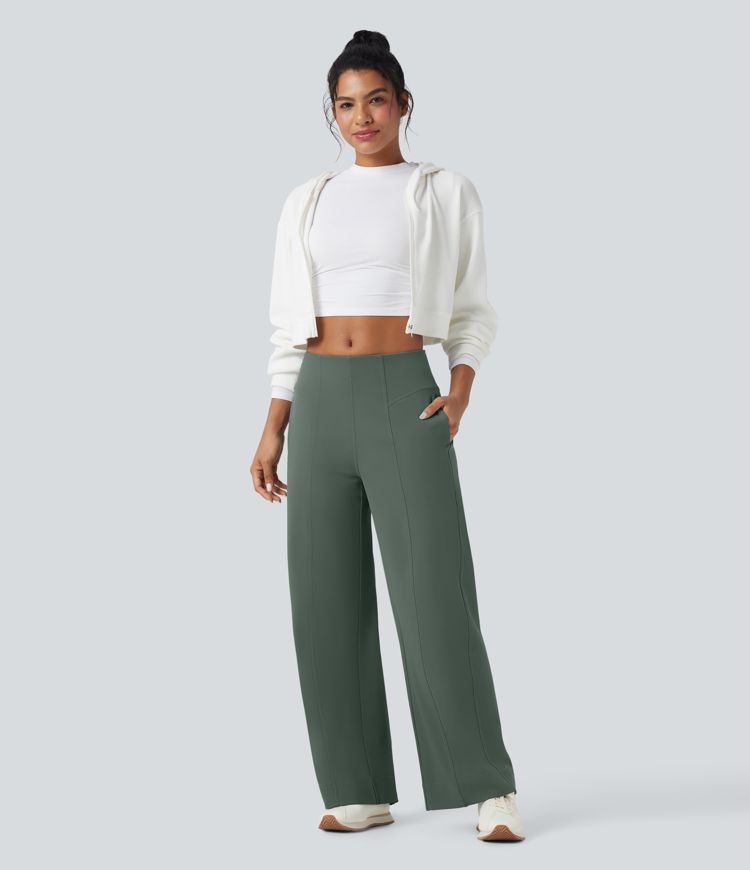 Pantalones anchos casuales de tiro medio con bolsillos