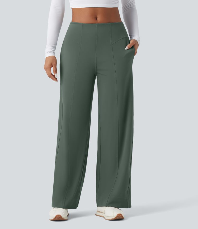 Mid Rise Wide Leg Casual Trousers with Pockets