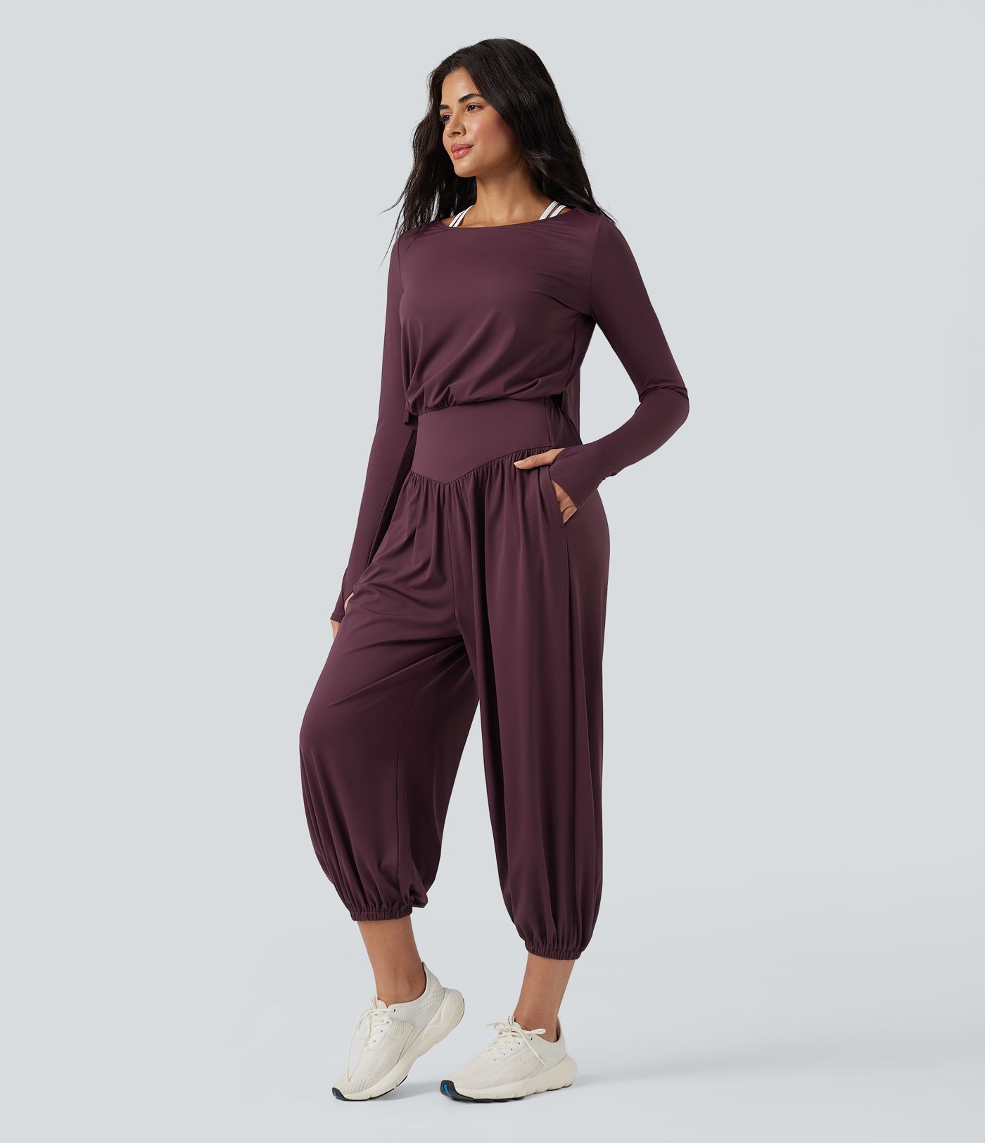 SoftlyZero™ Airy Cut-out Back Long Sleeve Thumb Holes Yoga Jumpsuit with Pockets-Easy Peezy