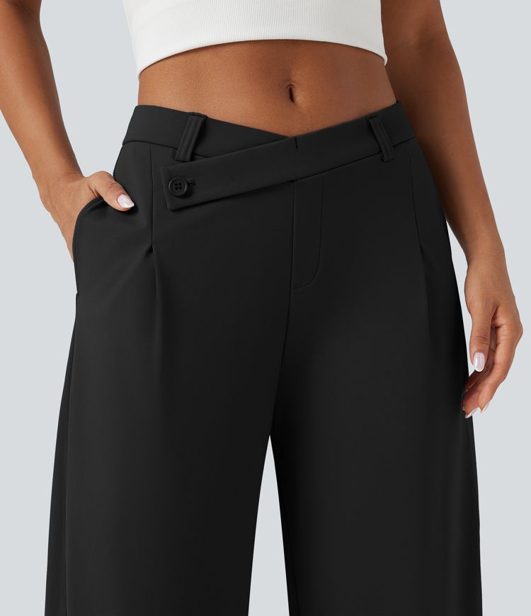 Pantalon fuselé décontracté asymétrique taille mi-haute avec poches