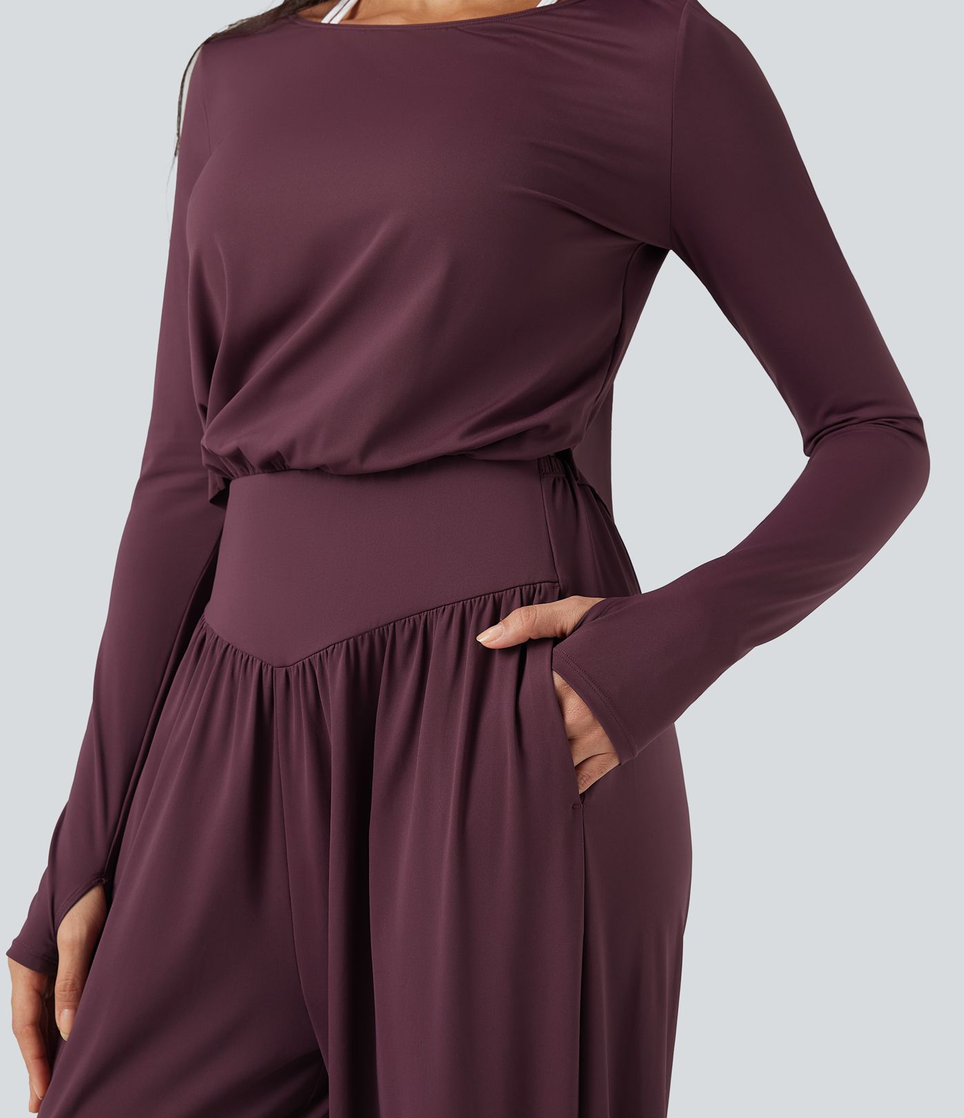 SoftlyZero™ Airy Cut-out Back Long Sleeve Thumb Holes Yoga Jumpsuit with Pockets-Easy Peezy