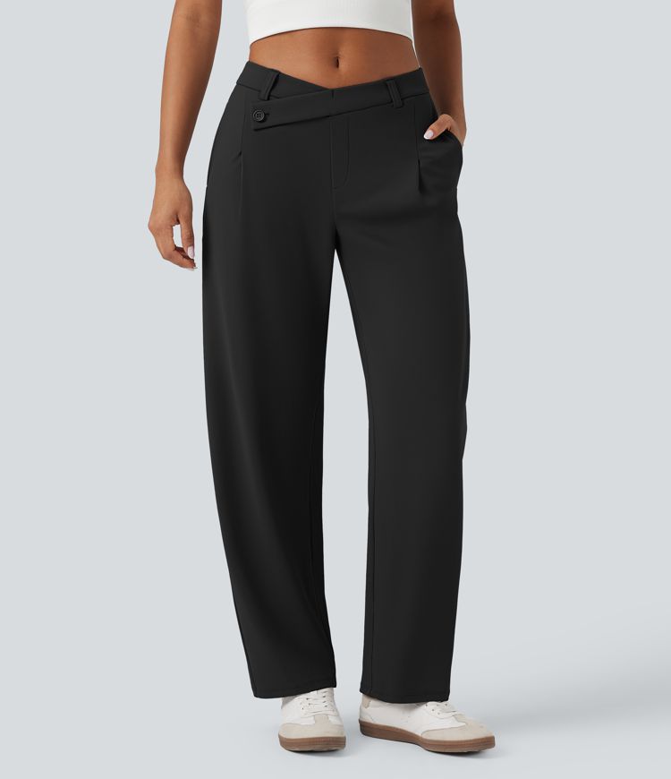 Pantalon fuselé décontracté asymétrique taille mi-haute avec poches