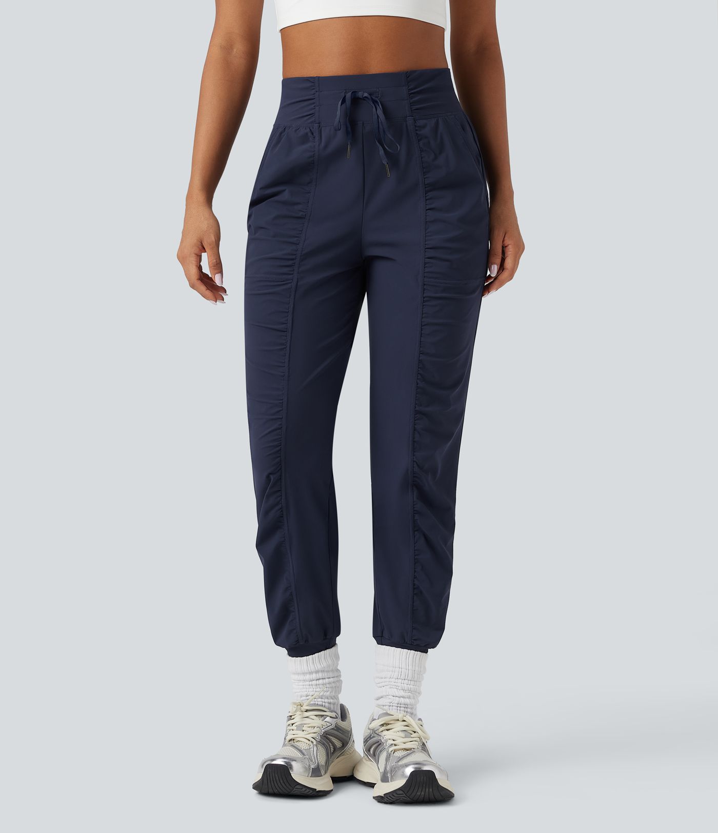 High Waisted Drawstring Ruched Tapered Quick Dry Dance Joggers with Pockets