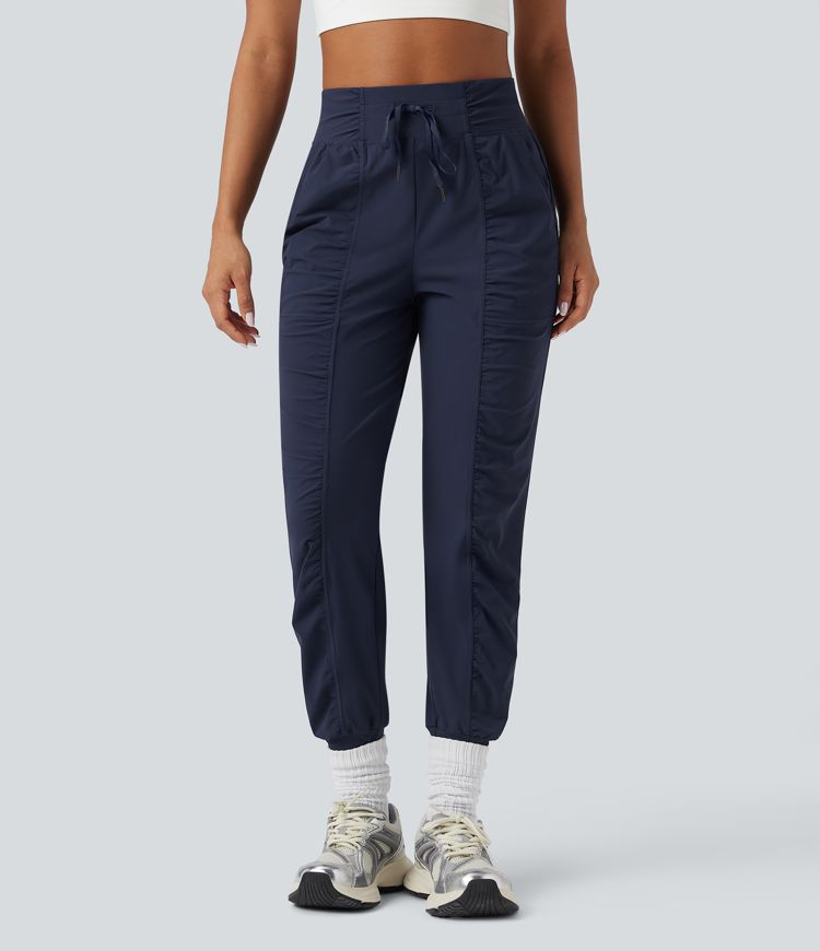 High Waisted Drawstring Ruched Tapered Quick Dry Dance Joggers with Pockets