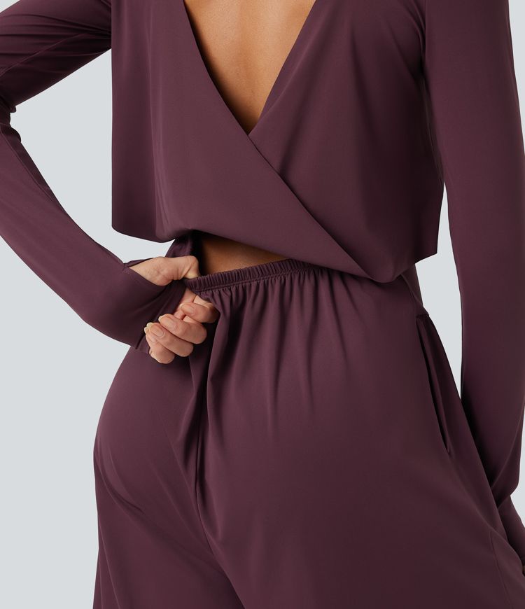 SoftlyZero™ Airy Cut-out Back Long Sleeve Thumb Holes Yoga Jumpsuit with Pockets-Easy Peezy