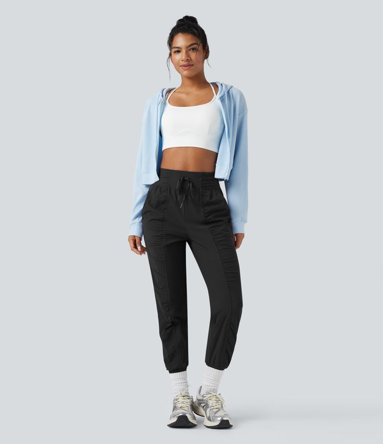 High Waisted Drawstring Ruched Tapered Quick Dry Dance Joggers with Pockets